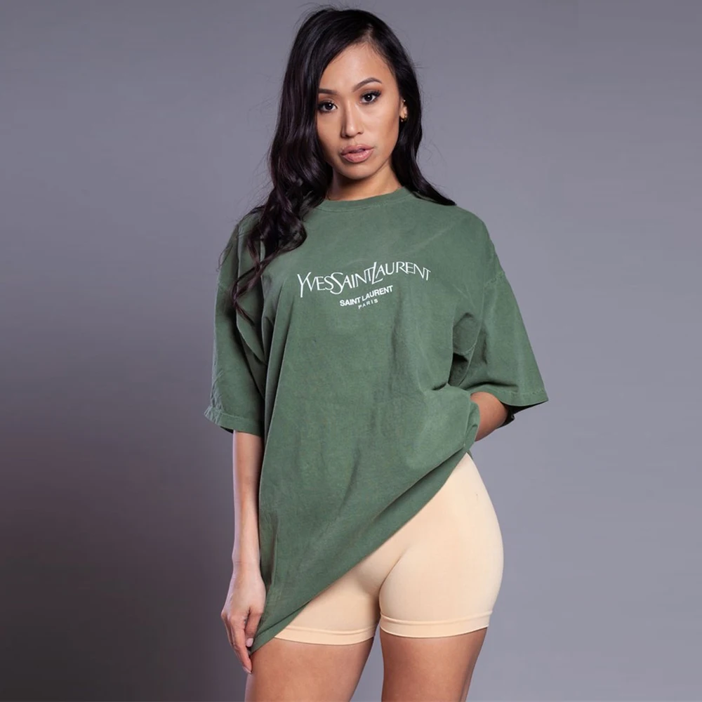 
8055 New Maxi Long T Shirt Women Elastic Solid Green T-shirts Female Oversize Casual Loose Tops Letter printing Tee Top 