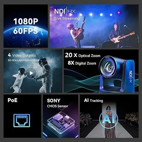 Live streaming 20X PTZ conference camera AI tracking NDI camera and 4D joystick Controller  for church streaming broadcast