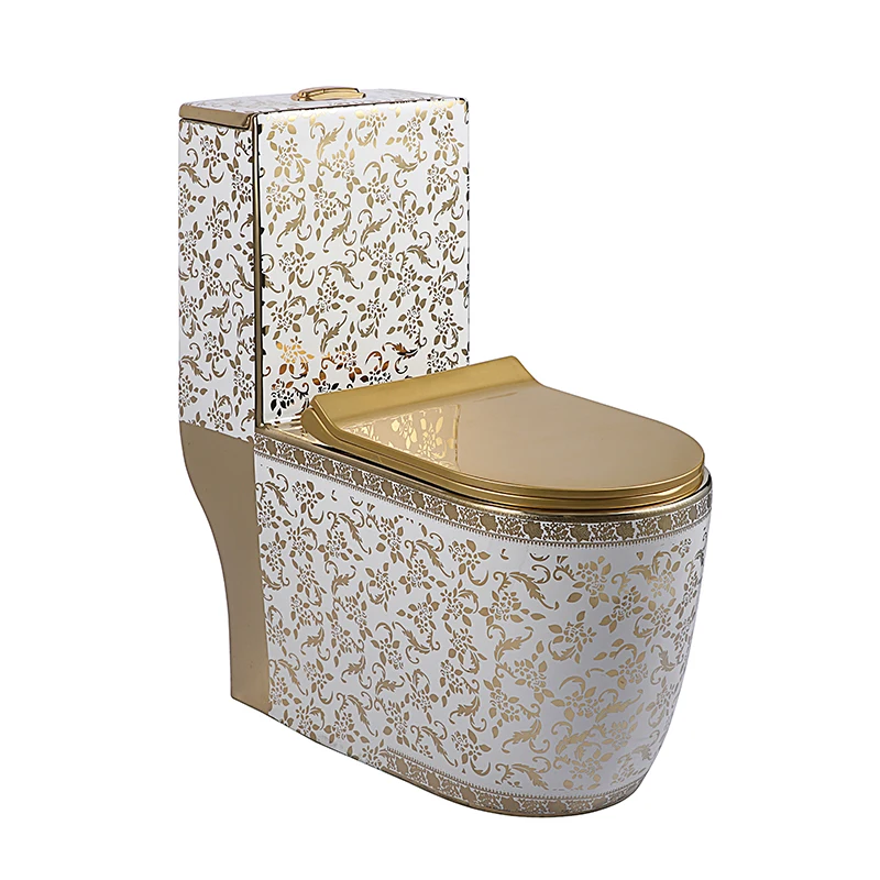 chaozhou wholesale High Quality Ceramic  Color Toilet Wc Floor Mounted One Piece luxury Ceramic Gold Toilet