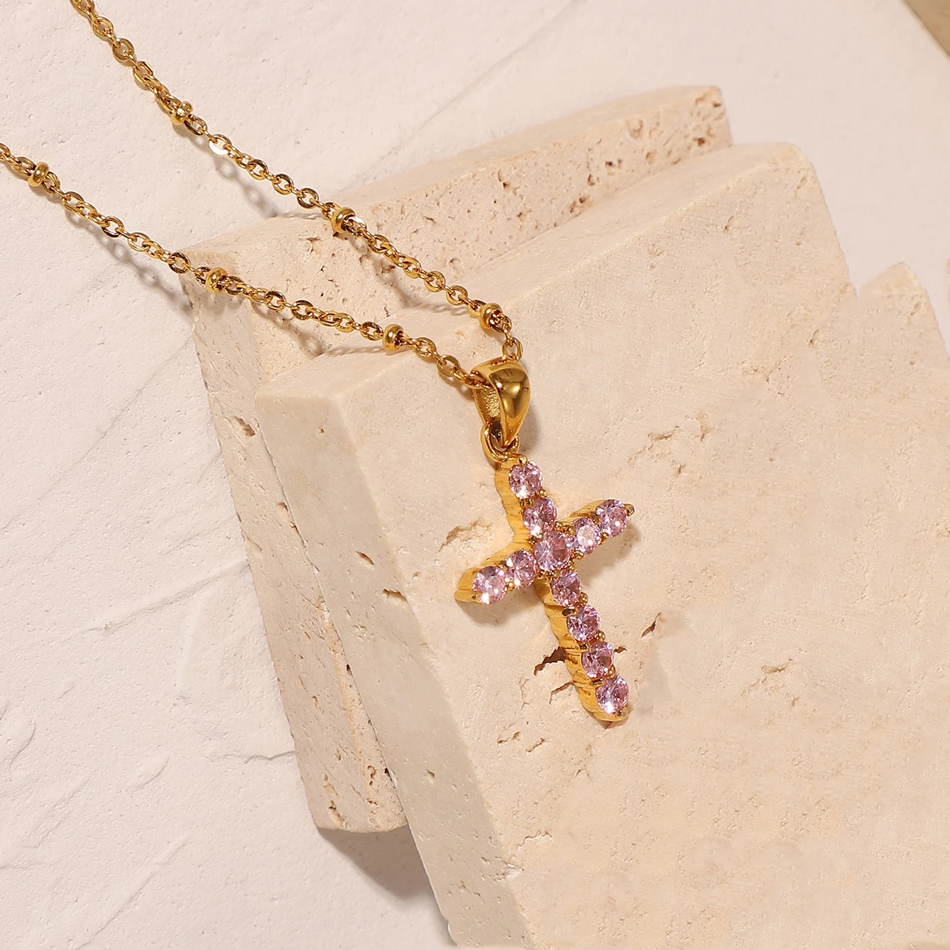 2022 New dainty tiny 14k gold plated stainless steel beaded chain womens christian gold diamond cross pendent necklace