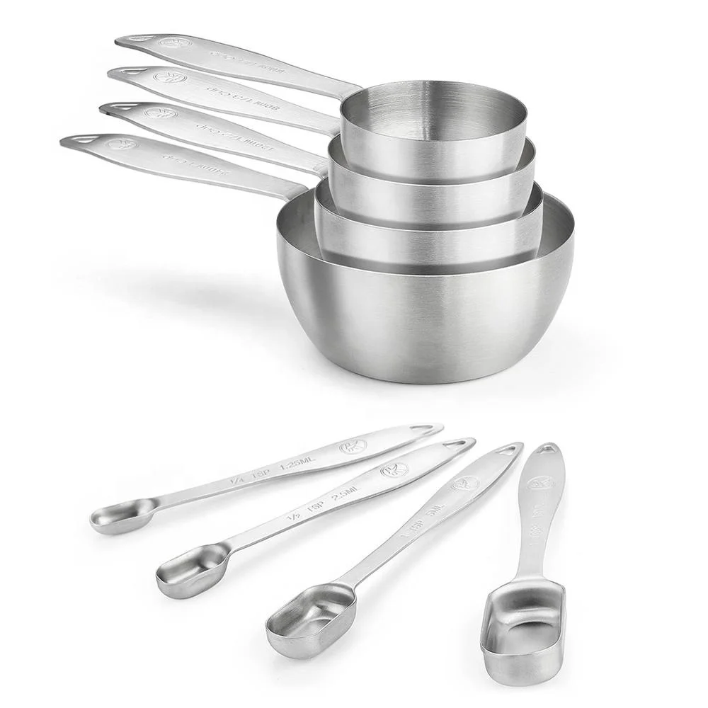 Latest 8 Piece Stainless Steel Pan Shaped Measuring Cups and Narrow Measuring Spoons