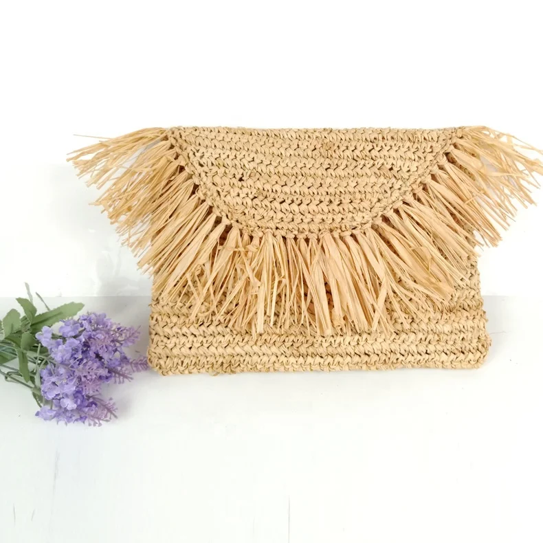 OEM women fashion small clutch raffia bags tassel ethnic style holiday ladies handbags