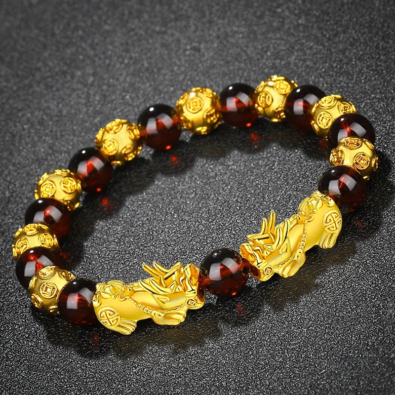 Stylish Vietnam Sand Golden Alloy Pixiu Wealth Bracelet 8mm Red Bead Women Amulet Feng Shui Good Luck Bracelet