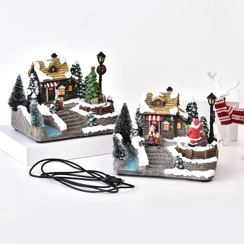 Resin Christmas house European style ornaments with music bell LED lights creative resin ornaments wholesale