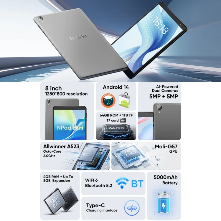Мини 8 0 дюймов Android 14 Allwinner A523 Octa Core 4 + 64 ГБ Wi-Fi планшетный ПК