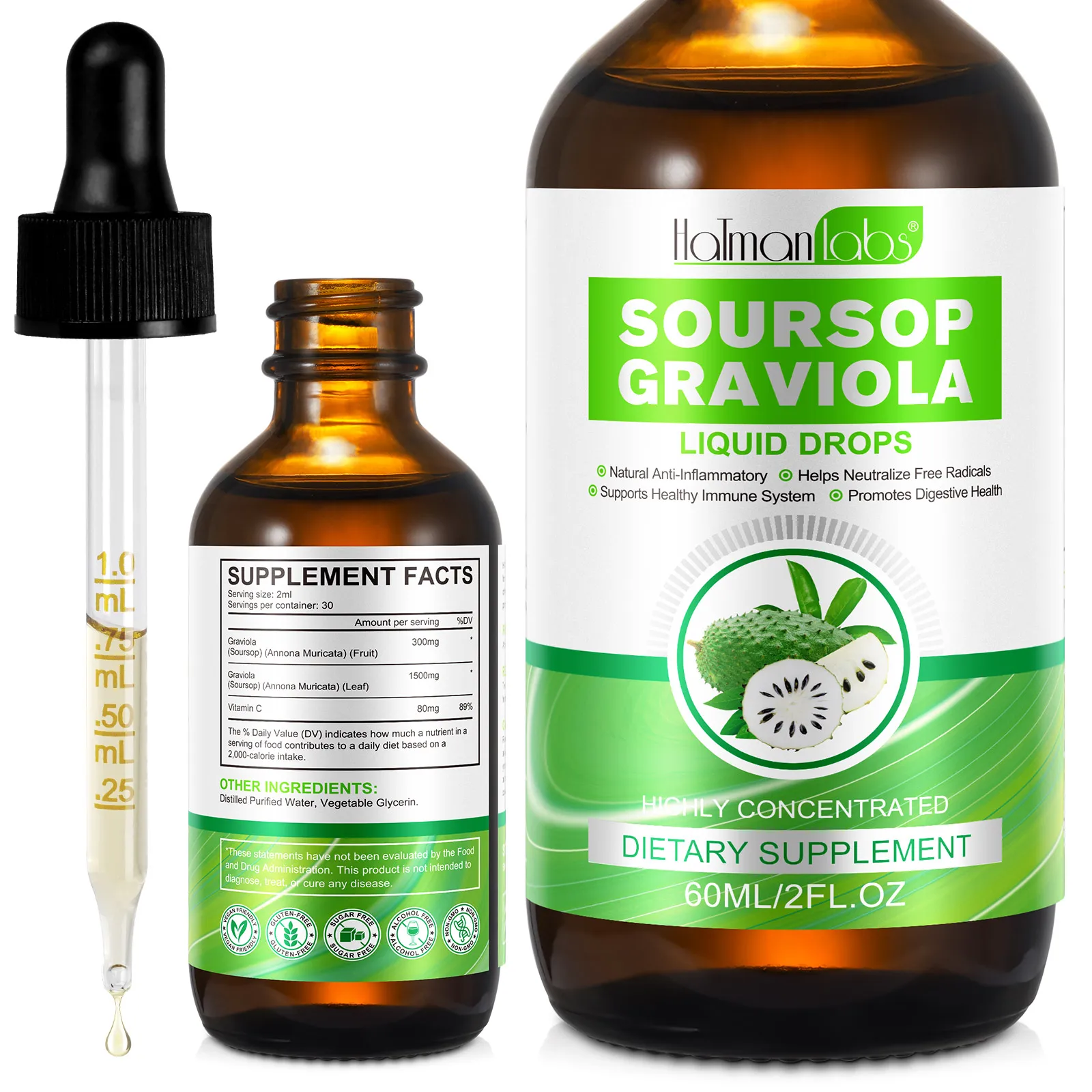 Hatmanlabs graviola leaf extract drops graviola fruit 60ml soursop graviola liquid drop soursop drops