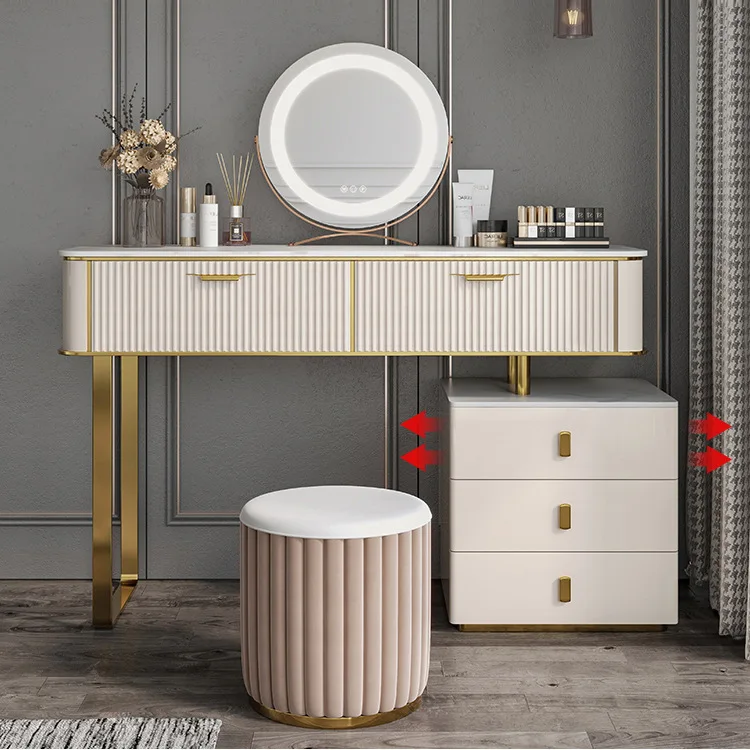 Nordic Simple Light Luxury Bedroom Dresser Table Stainless Steel Leg Golden LED Customized Modern Design Solid Wood 10pcs CN;GUA