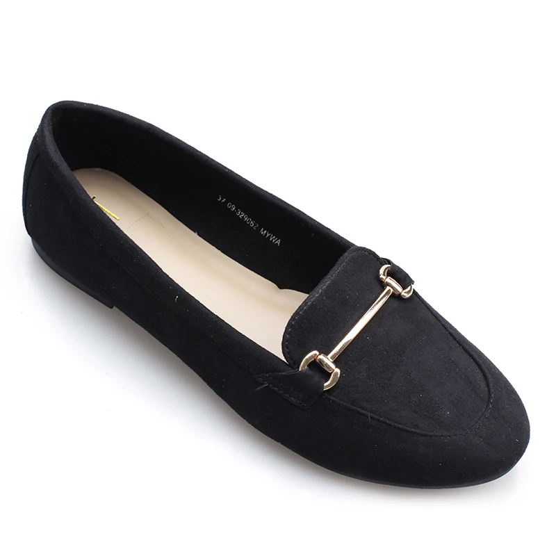 The lady outdoor causal fashion black microfiber buckle basic black pu soft insole flat ballet shoes