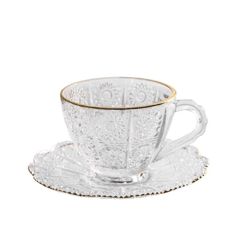 Wholesale European Retro Relief Sunflower Breakfast Cup Glass Coffee Cup And Saucer With Spoon
