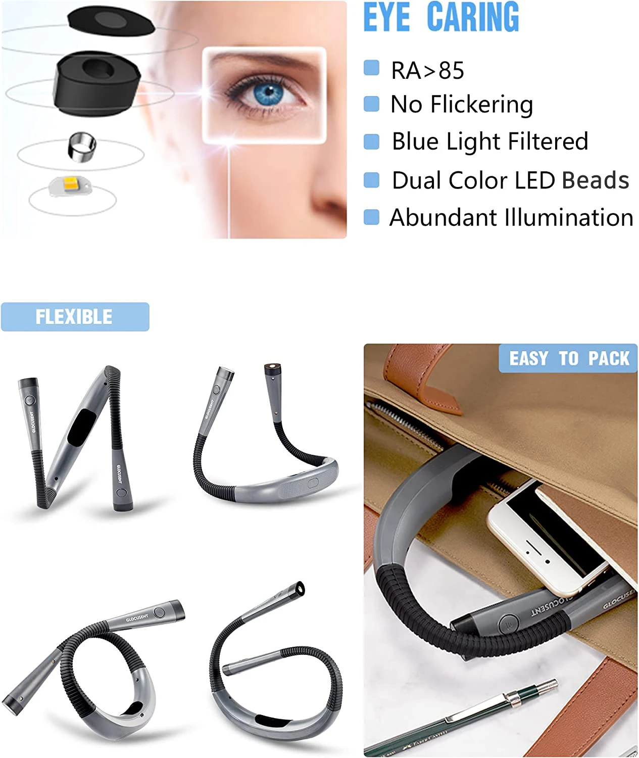 Glocusent Rechargeable Eye Protection Led Neck Reading Light Flexible Neck Light Reading