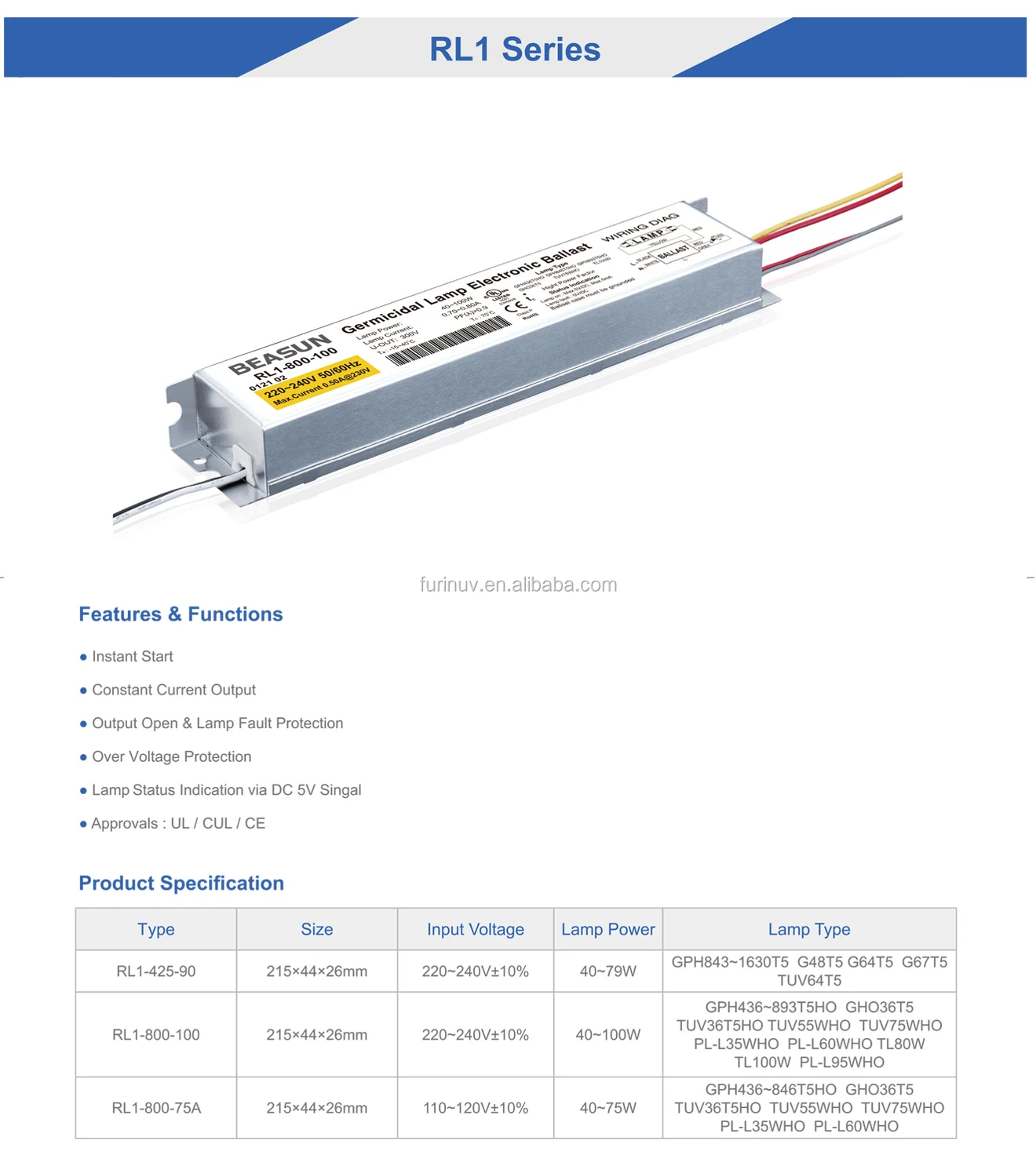 BEASUN Hot Sale Instant Start Electronic Ballast For 220-240V UV Lamp Power 40-100W