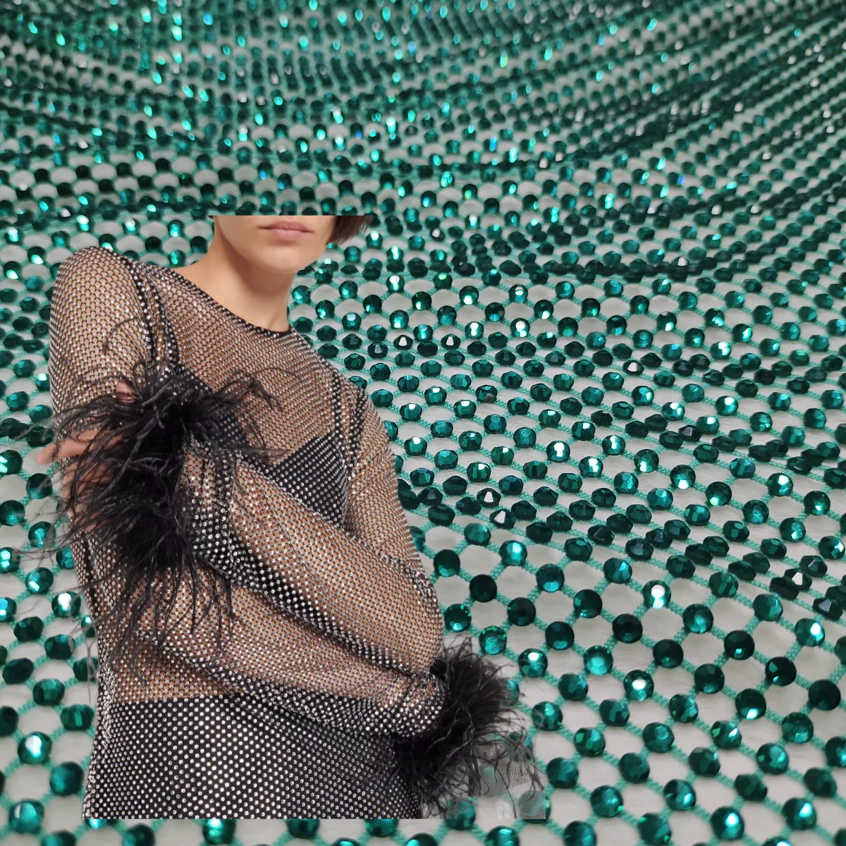 Blue zircon crystal in fish net DMC quality rhinestone fabric for clothes