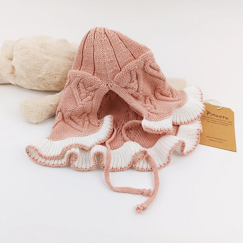 Paleo Baby Knitted Bonnet Kids Cute Pink Adjustable Vintage Jacquard Soft Baby Girl Knit Bonnets Newborn Cotton Lace Hat