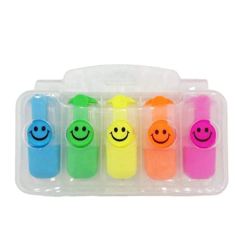 5 in 1 smile face gift colorful highlighter markers pen set with plastic case fluorescent marker highlighters for promotion