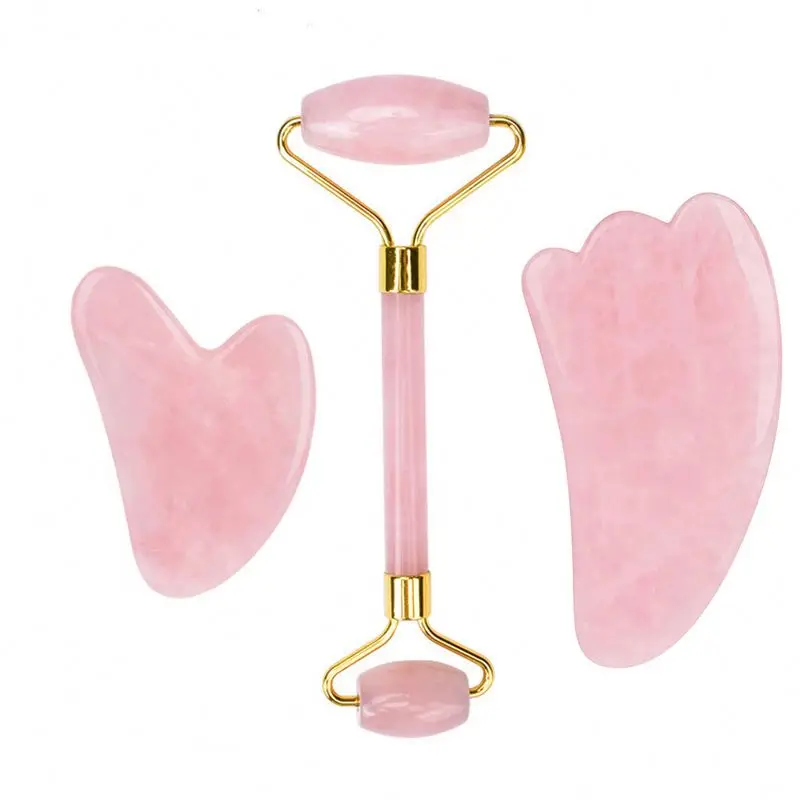 amazon best sellers best quality 100% natural jade stone pink rose quartz for face jade roller gua sha set