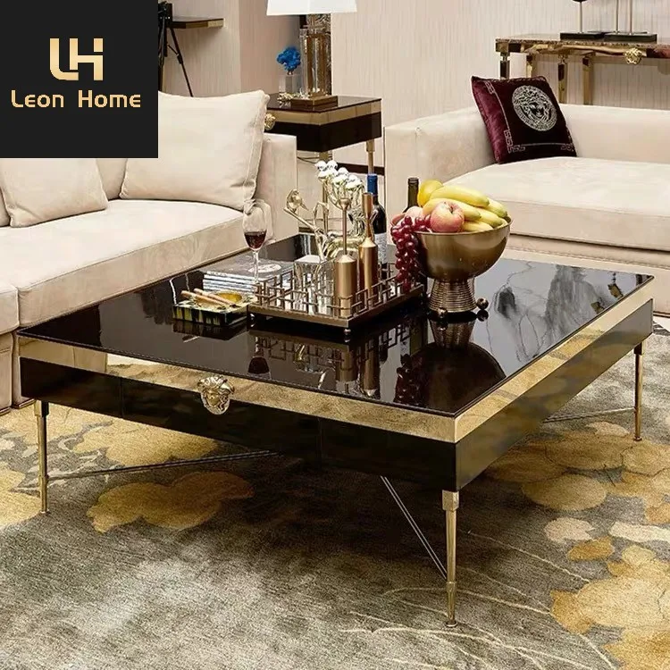 Neoclassical villa black ebony tea table stainless steel legs square coffee table for living room
