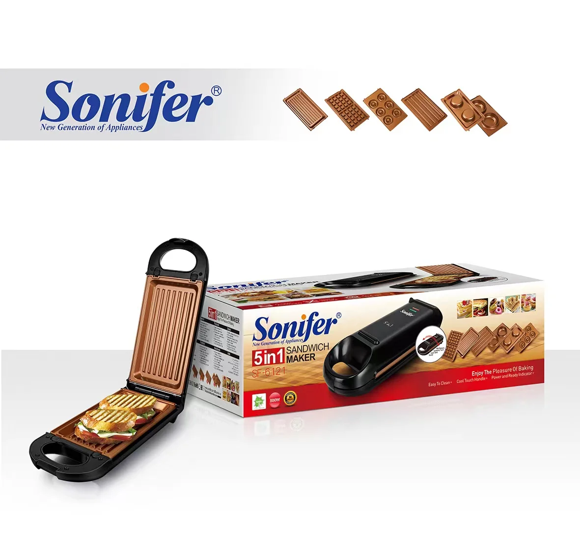 Sonifer SF-6121 home appliances multi plates for donut egg electric breakfast waffle sandwich maker 5 in 1