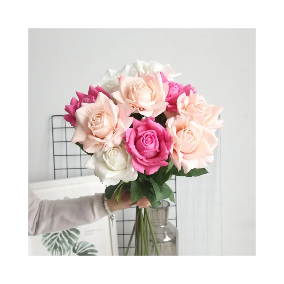 Artificial Flower Silk Rose Bundle Real Touch Roses Competitive Price Silk Flowers Wedding Sunny Pink Rose