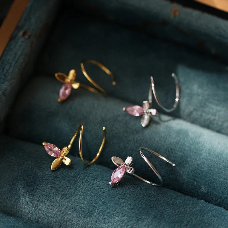 Hot selling sweet ladies jewelry spiral 925 sterling silver hoop pink zircon butterfly earrings