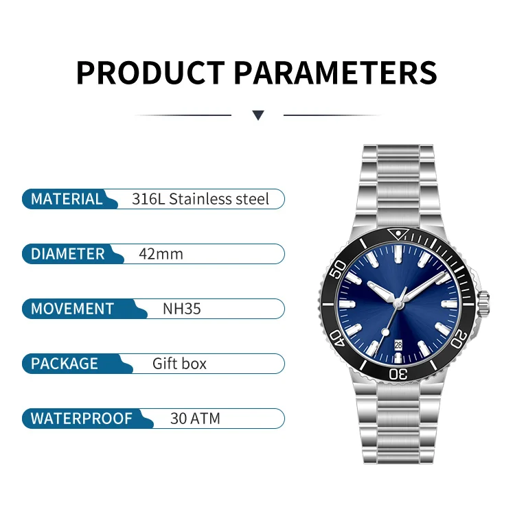 Luxury Fashion Stainless Steel Luminous Sports 30ATM Custom Logo Wrist Diver Automatic Mechanical Watches Men