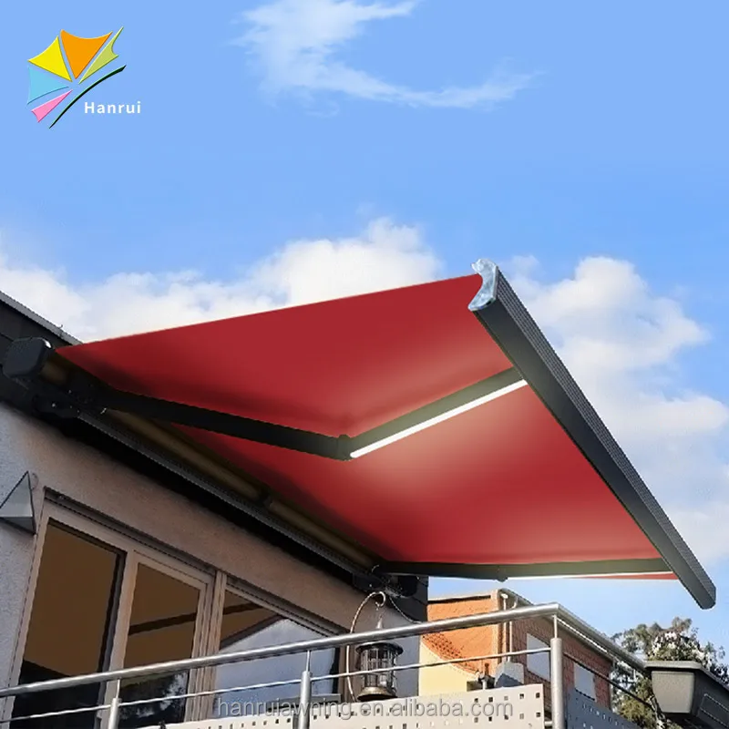 Electric Remote Control Retractable Awning With LED Lighting Acrylic Fabric Outdoor Retractable Awnings For Balcony