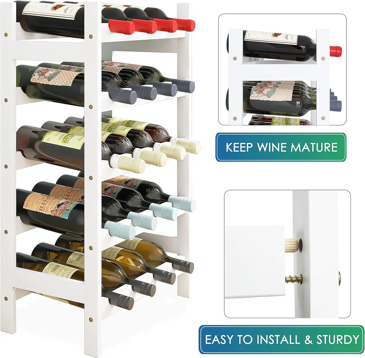 5-Tier Free Standing Bamboo Wine Rack 20 Bottle Display Holder Wooden Storage Shelves for Kitchen Pantry Cellar Bar White