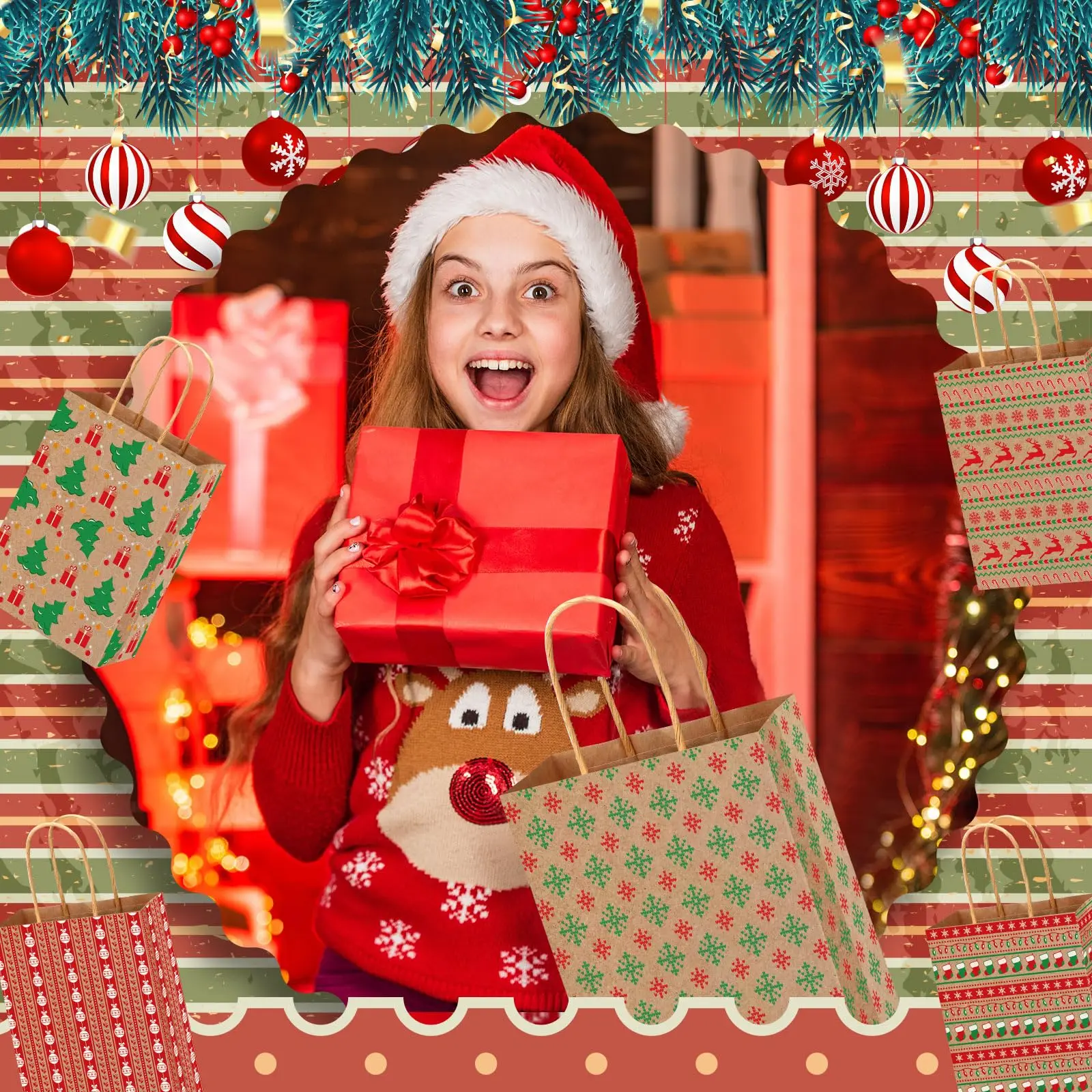 Wholesale cheap gift bags with handles loose and reusable Christmas paper bags and kraft paper bags