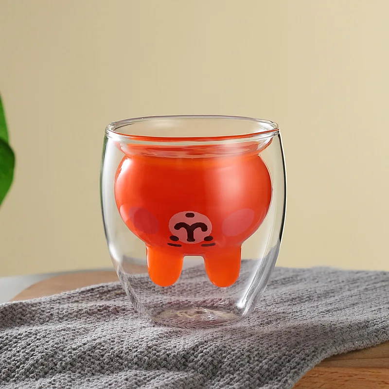 Double layer design animal cold drinks double walled glass cartoon drinking cups coffee glass mug cup