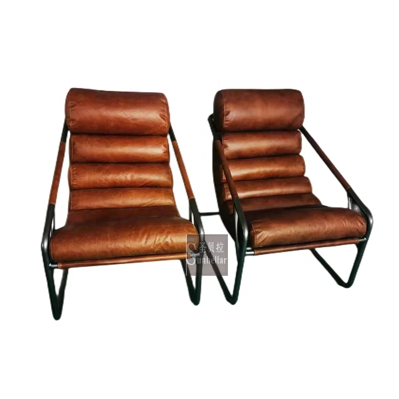 loft industrial forged metal antique green genuine leather arm chair hotel living room reclining chair single seat sofa