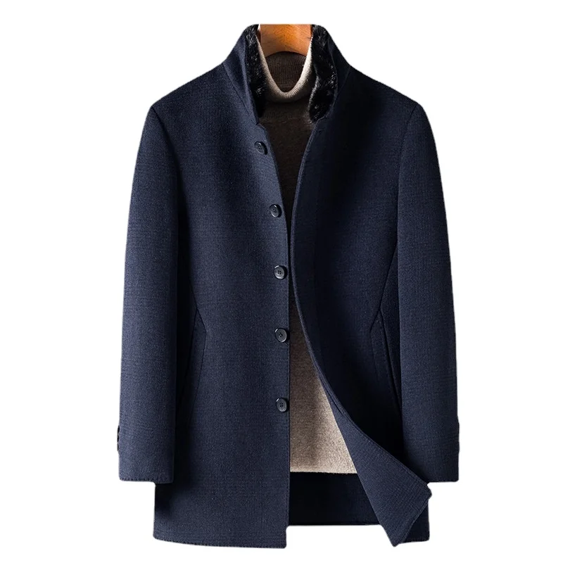 Зимнее шерстяное пальто для мужчин и пожилых, деловая двухсторонняя твидовая куртка с пуховой подкладкой и воротником из меха норки
