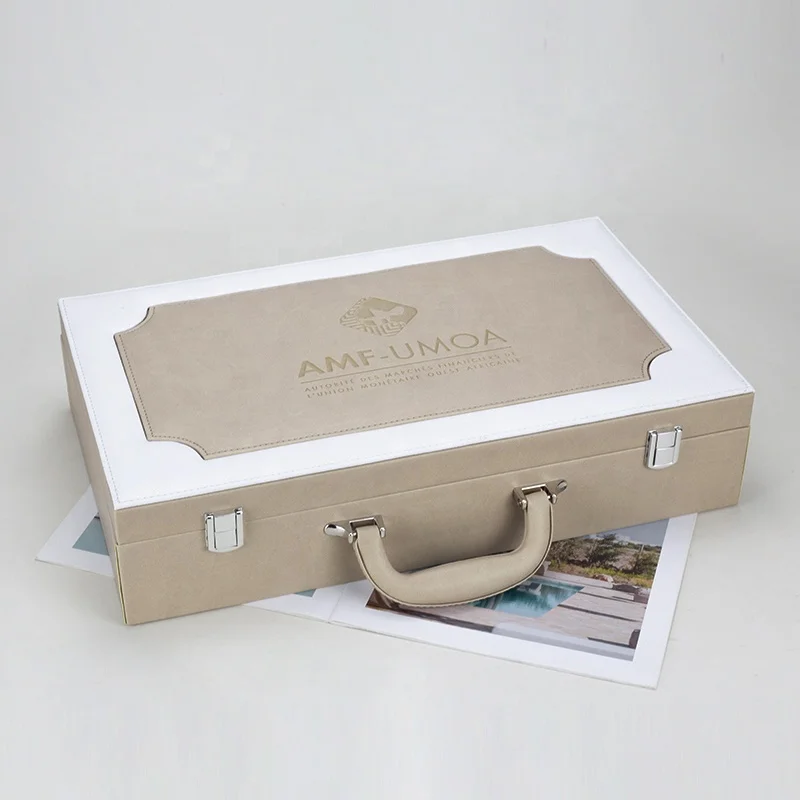 Custom Luxury Large  Brown Drawer Two Layers Tea Box Packaging Suitcase Business Knife And Fork Leather Gift Box Packaging