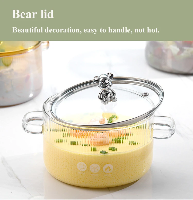 Household Kitchenware Clear Heat Resistant High Borosilicate Glass Cooking Pot With Bear Decoration