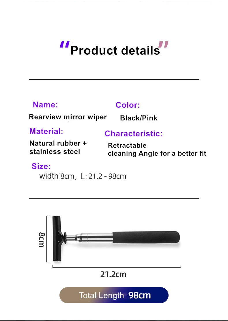 Car Rearview Mirror Wiper Telescopic Auto Mirror Squeegee Cleaner 98cm Long Handle Car Cleaning Tool Mirror Glass Mist Cleaner