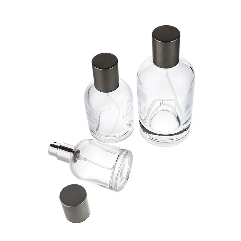 30ml 50ml 100ml clear stock round shape perfume glass bottle with crimp on aluminum fine mist sprayer
