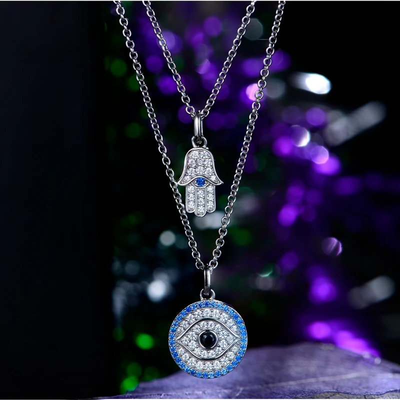 New design turkey jewelry 925 sterling silver necklace lucky turkish jewelry evil cross eye hamsa hand double pendant necklace