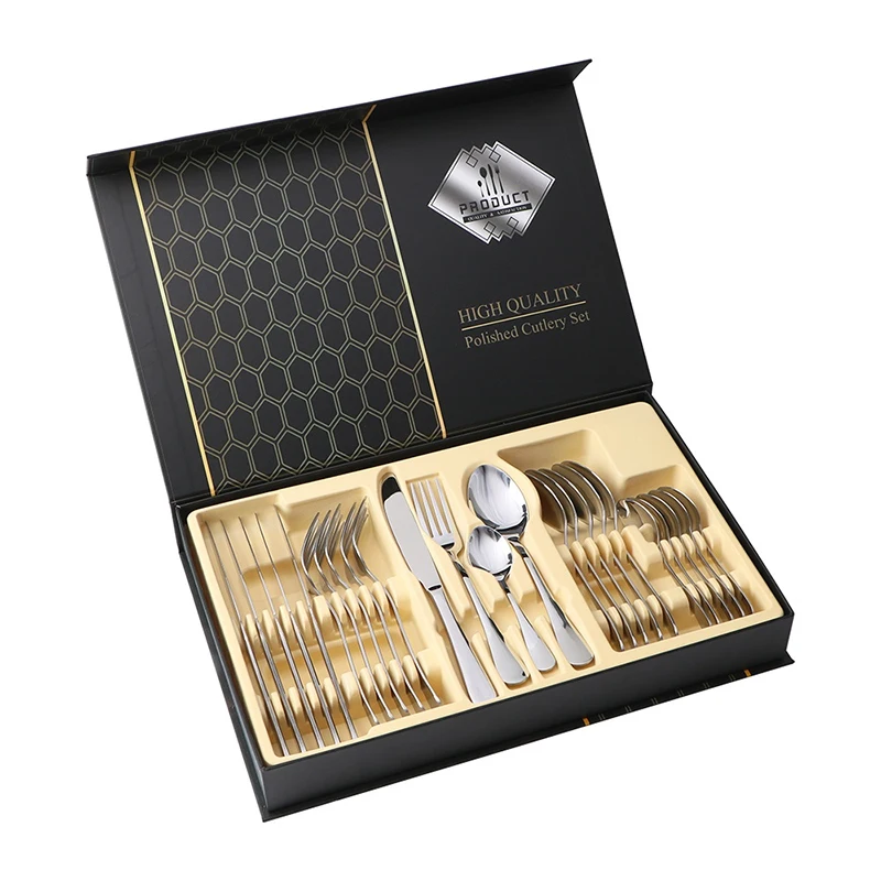 Manufacturer Wholesale gold silverware 24pcs Gift stainless steel wedding gold cutlery set with box