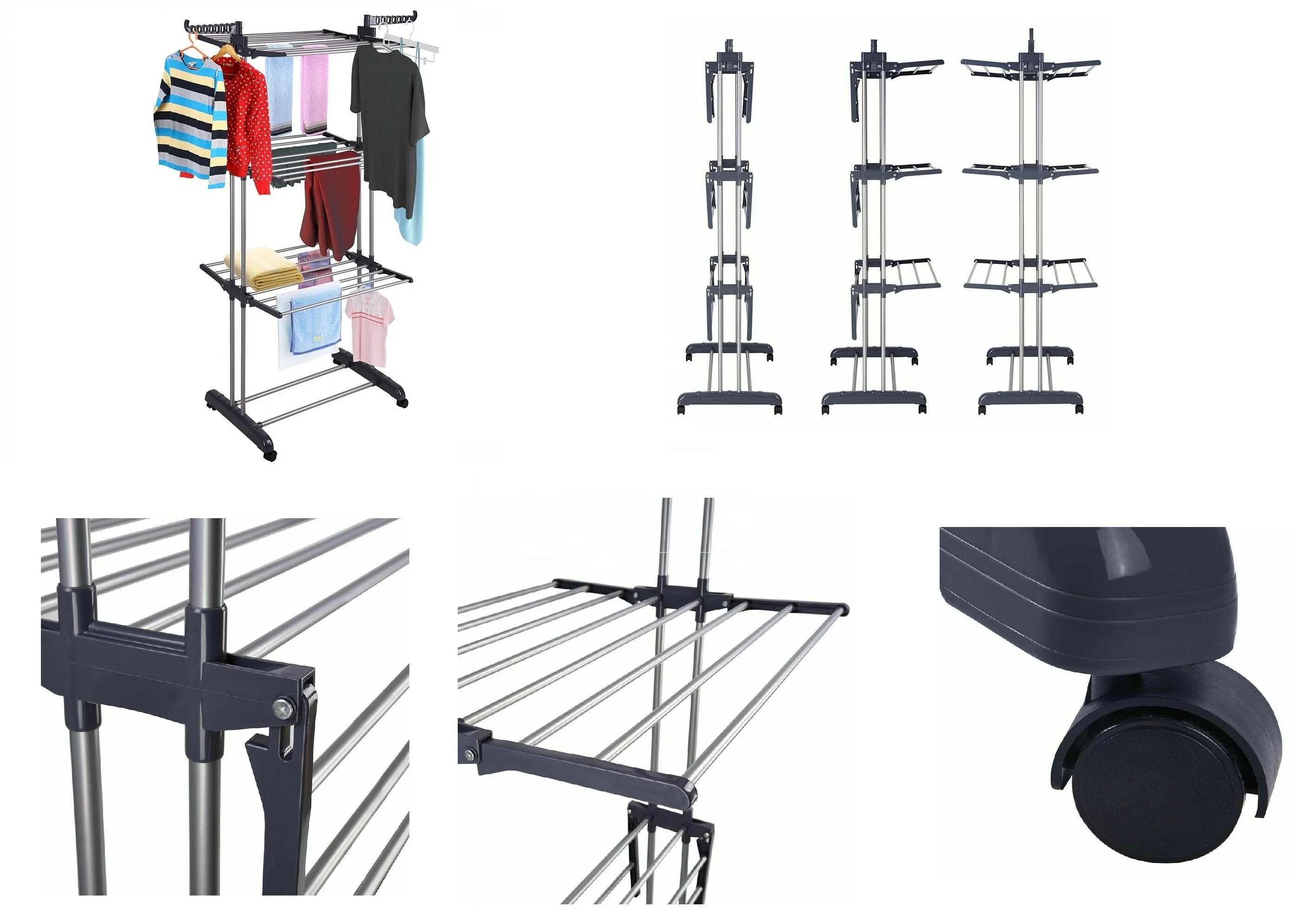 3 layers stainless steel portable fordable clothes drying airer, 3-Tier Collapsible, Rolling, Laundry Dryer indoor & outer door