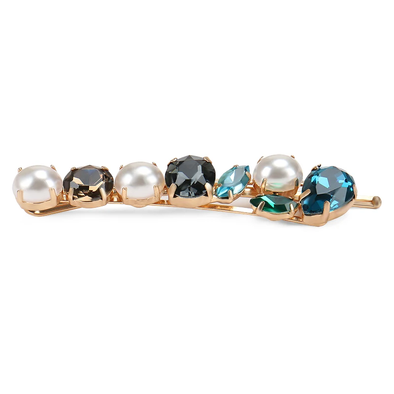 Women Gold Alloy Hair Clip Fashion Crystal and Pearl Hair Pins Colorful Crystal Pearl Hair Pin for Girls