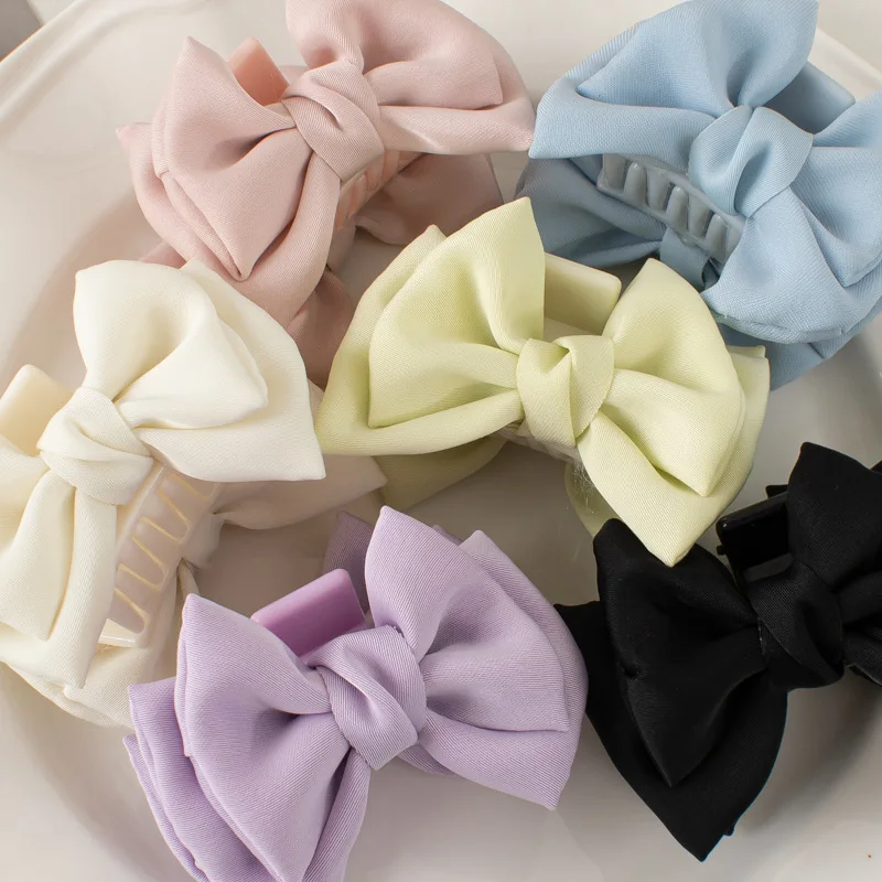 Solid Color Elegant Stylish Silk Big Bow Knot Claw Hair Clips  for Thick Long Curl Hair Women and Girls