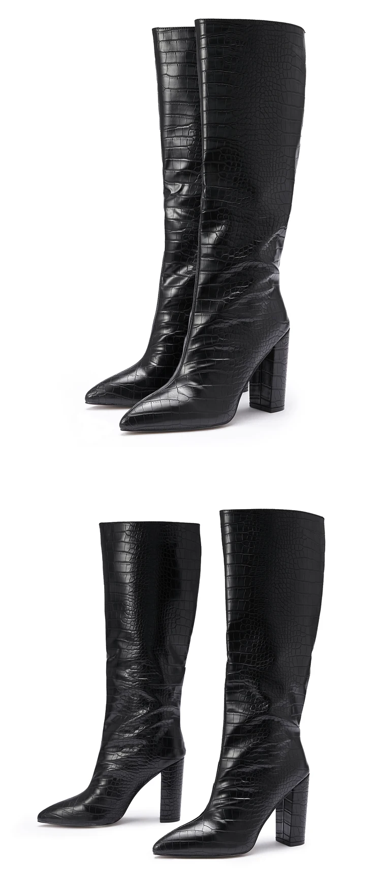 113467 Faux croc leather thick heeled women pumps winter fashion pointy toe pull on lady knee length boots in black dressy shoes