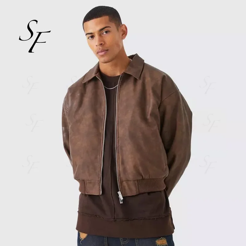 Custom American retro 3D Embossing Logo Wholesale Streetwear Square Collar leather Coat Bomber Zip Up Jacket for men