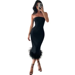 2023 Sexy Elegant Ostrich Feather Trim Black Strapless Bandage Bodycon Midi Dresses For Women