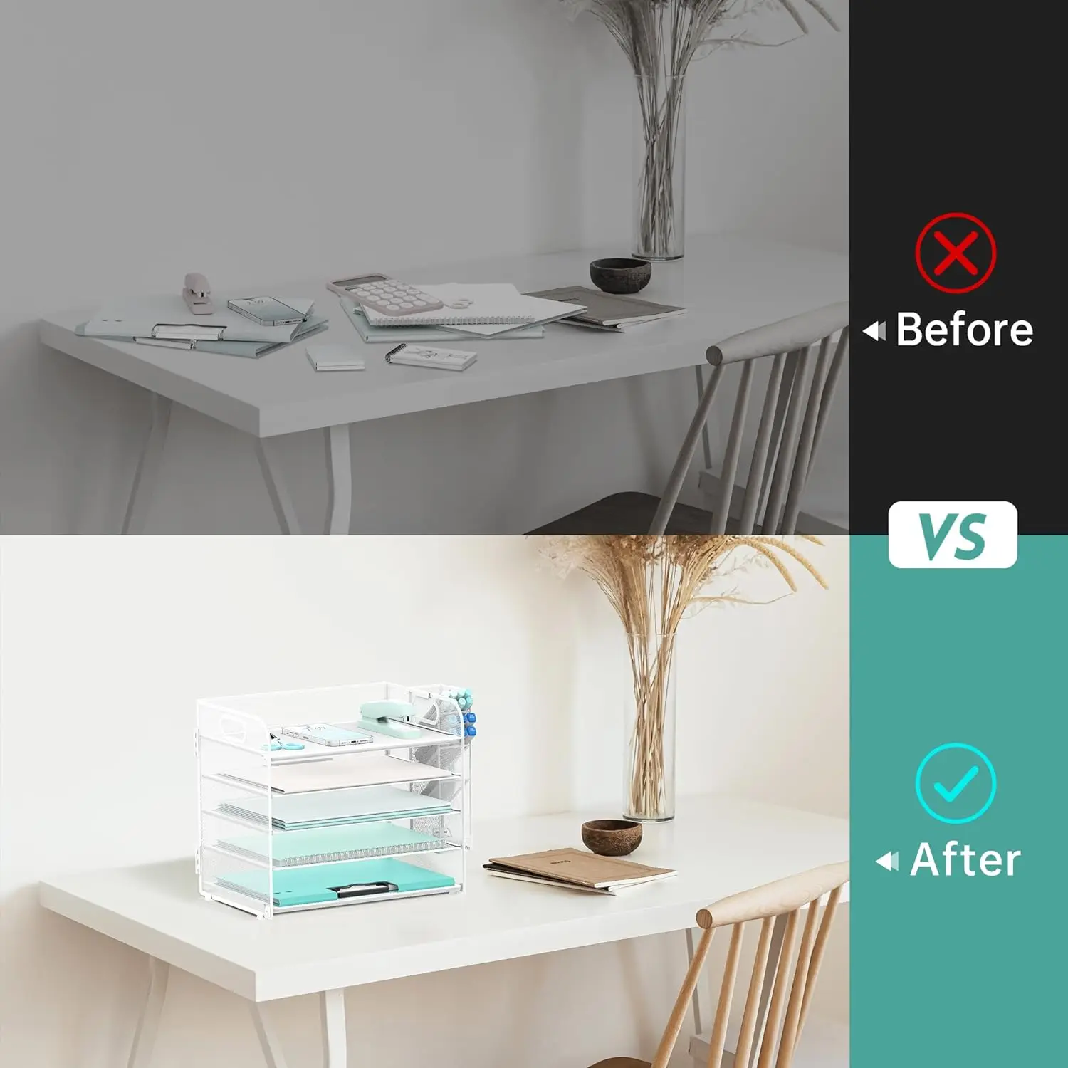 Office Supplies  White Metal Mesh 5 Tier Desk Organizer with Handle & Removable Pen Holders, Paper Letter Tray Organizer