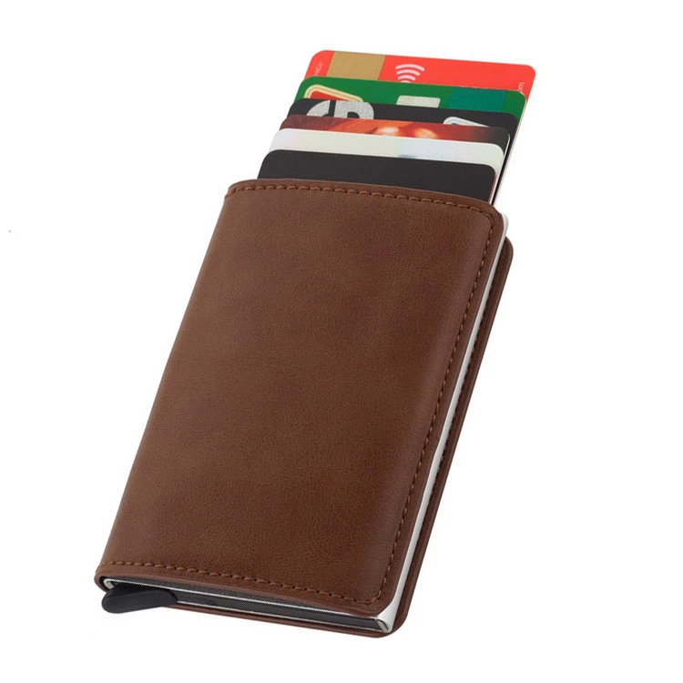 Customized logo Crazy horse leather aluminum wallet mens pop up RFID blocking credit card holder case