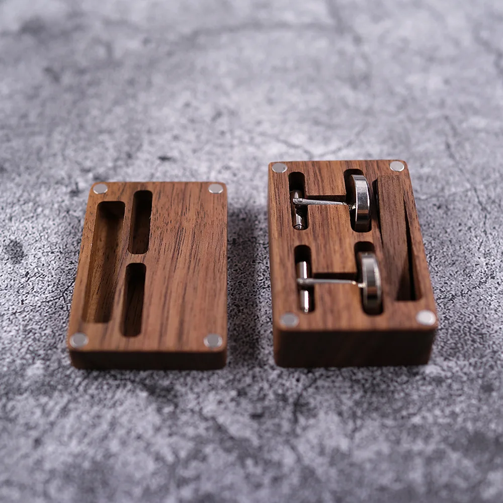 Custom Logo Rustic Walnut Wooden Round Cuff Links Tie Clip and Cufflink Sets With Organizer Box for Business Men Gift