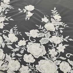 Good Quality African Floral Design White Bridal Embroidery Beaded Tulle Mesh 3D Flower Elegant Wedding Dress Crystal Lace Fabric