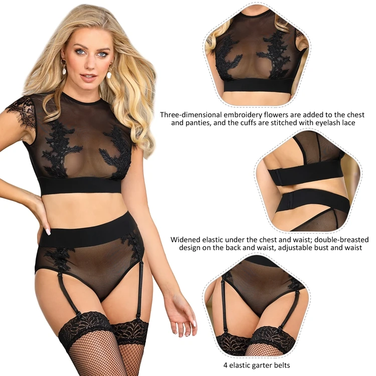 Black Lace Women Underwear Plus Size Wholesale Garter Bra And Brief Panties Sets Sexy Lingerie For Women