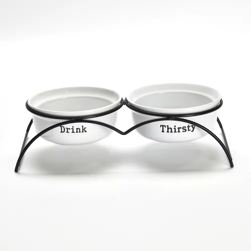 Drinking water letter pattern customizable removable pet bowl Ceramic cat dog food bowl with iron rack dog bowl