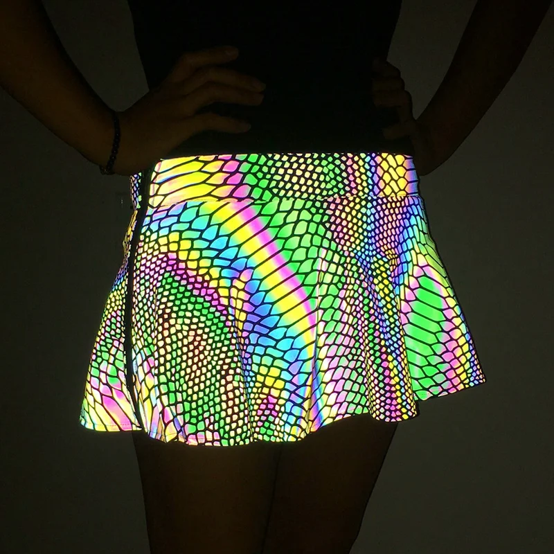 Women Night Club Wear Fashion Summer Sexy Festival Rave rainbow Snake Skin Pattern Print Reflective Clothing Mini Outfit Skirt