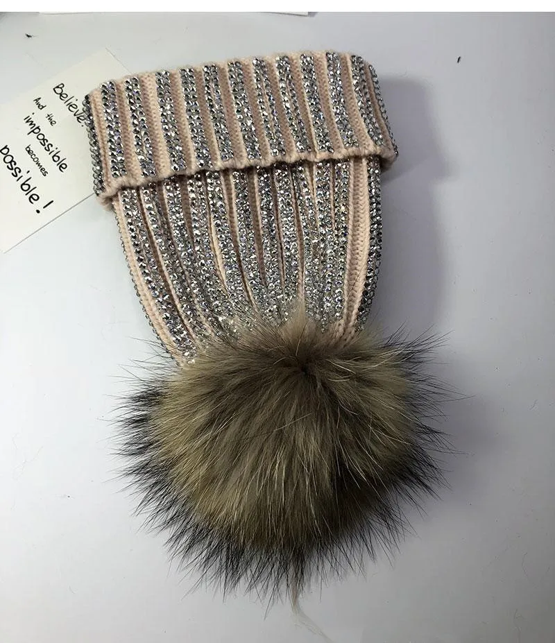 Winter Women Knitted Beanie Hat Real Raccoon Fur Pompom all diamond Hat for Female Warm Chunky Thick Stretchy Hat